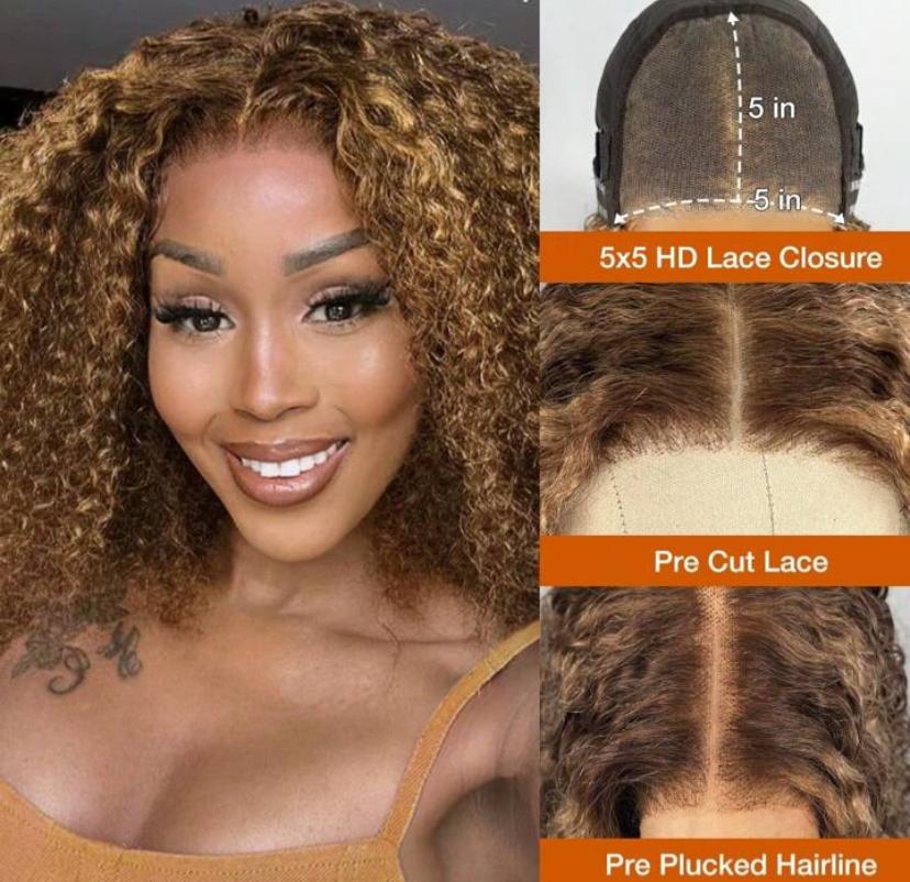 Wear and go kinky curly wig 5*5 200% density Highlights